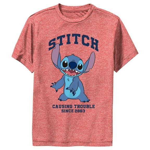 Boy's Lilo & Stitch Causing Trouble Since 2003 Performance Graphic Tee Red Heather Medium