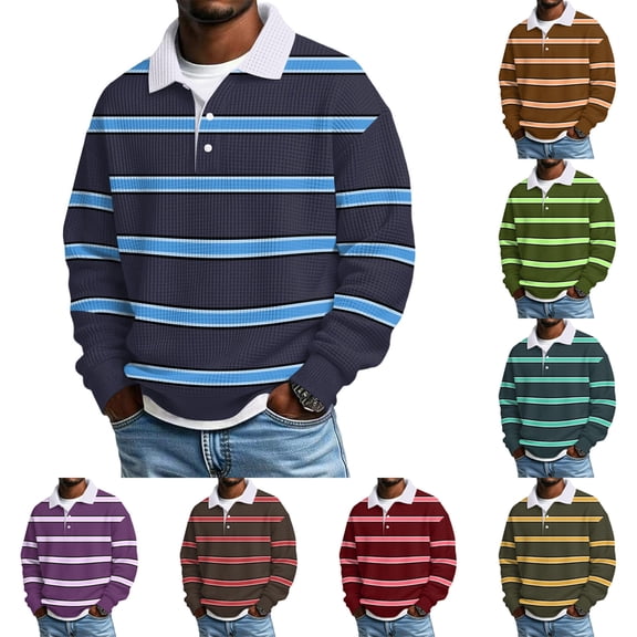 SeCaotees Men's Long Sleeve Striped Rugby Polo Shirt Contrast Collar Partial Button Closure Relaxed Fit Knit Fabric For Street Outdoor Daily Pullover Tops Brown,L