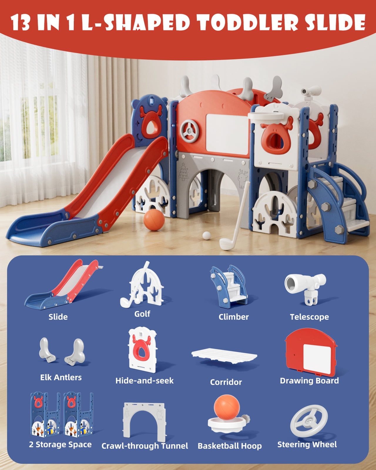 KORIMEFA Toddler Slide Set with Golf, Basketball Hoop, Kids Slide for Toddlers Age 1-4, Climber Slip and Slides, Baby Outdoor Toys