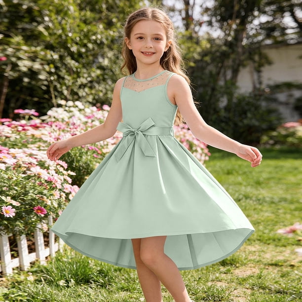 green dress with bow Efsteb Girls Mesh Yoke High Low Party Kids Sleeveless Waist Formal Dress for Weddings and Special Occasions (Green,7-8 Years), Girl's, Blue analog