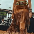 thumbnail image 3 of MORTTIC Women's Solid Color Asymmetrical Hem Fringe Skirt, Western Denim Style Boho Midi Skirt Brown，S, 3 of 6