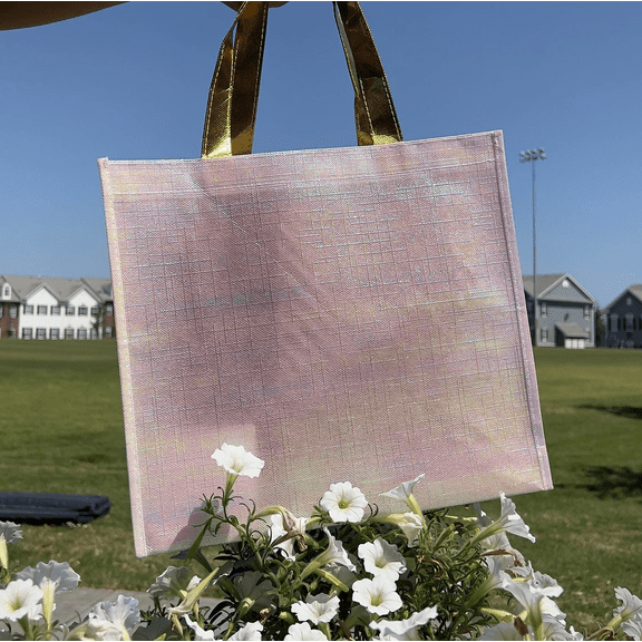 CoMiracle 20pcs Wedding Tote White and Pink Gift Bags | Reusable Laser Foldable Non-Woven Fabric  Bridesmaids Gift Bag with Golden Handles