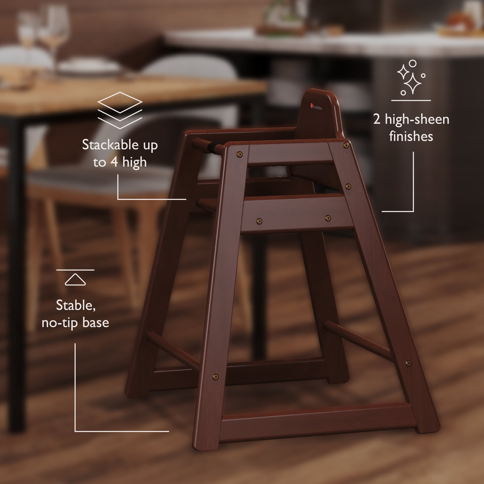 Foundations NeatSeat Wooden High Chair for Toddlers, Stackable, 3-Point Harness, Antique Cherry