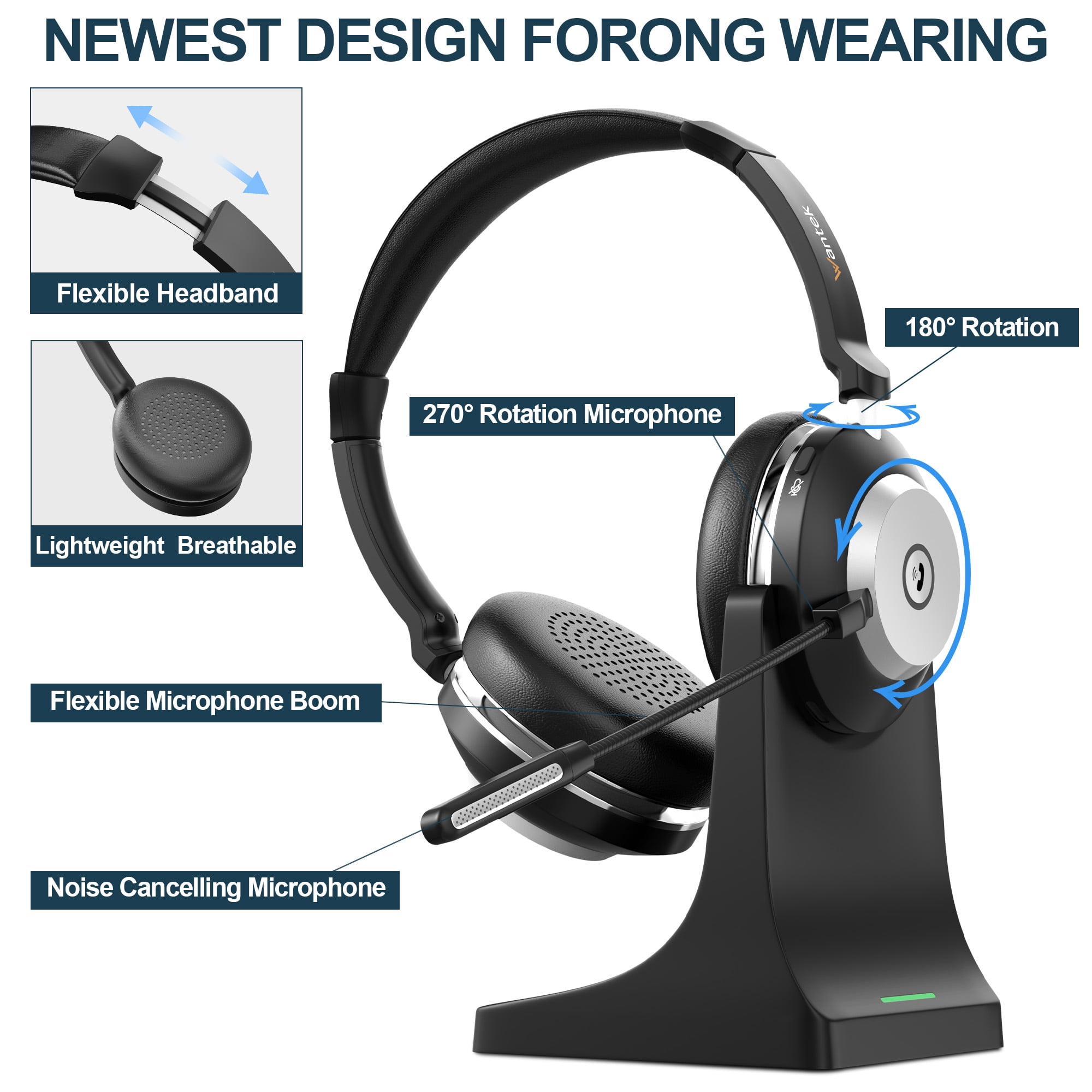 Wantek Wireless Headset with Upgraded Microphone AI Noise Canceling, Over-Ear Bluetooth Headphone with Mute for Laptops, Desktops, Cellphones