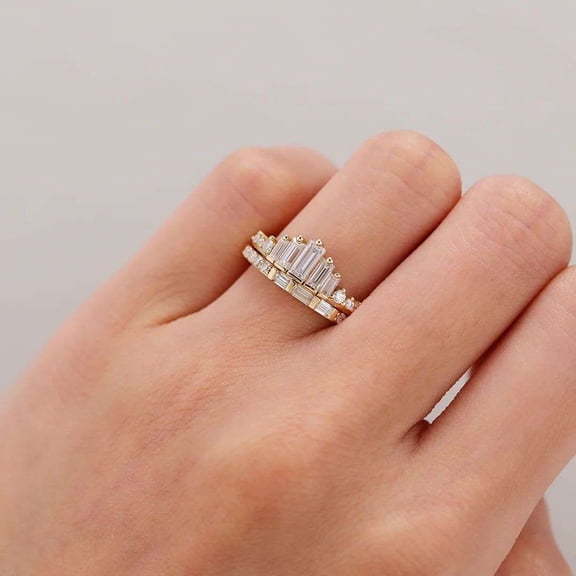 vylahjewellery Elegant Moissanite Wedding Ring Five Baguette Cut Diamond Engagement Ring 18K Vermeil Yellow Gold Anniversary Gift for Women's Unique Bridal Set Proposal Ring