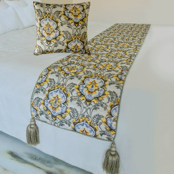 The HomeCentric King / Queen / Twin Grey Decorative Twin 53"x18" Bed Runner WITH Pillow Cover, Quilted, Damask & Tassels Bed Scarf on Jacquard fabric - Damask Blaze