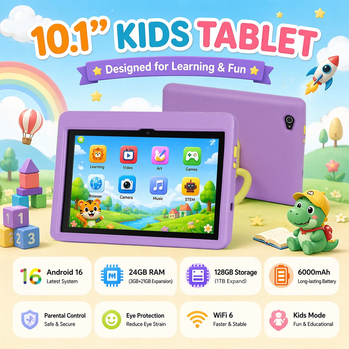 BESTSKI 10 inch Kids Tablet for 3-12 Year Olds — Eye Protection HD Screen, 24GB RAM, 128GB ROM, Parental Control