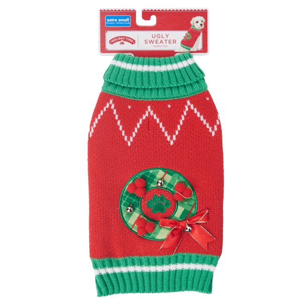 Holiday Time Ugly Dog Sweater, Wreath, Extra Small