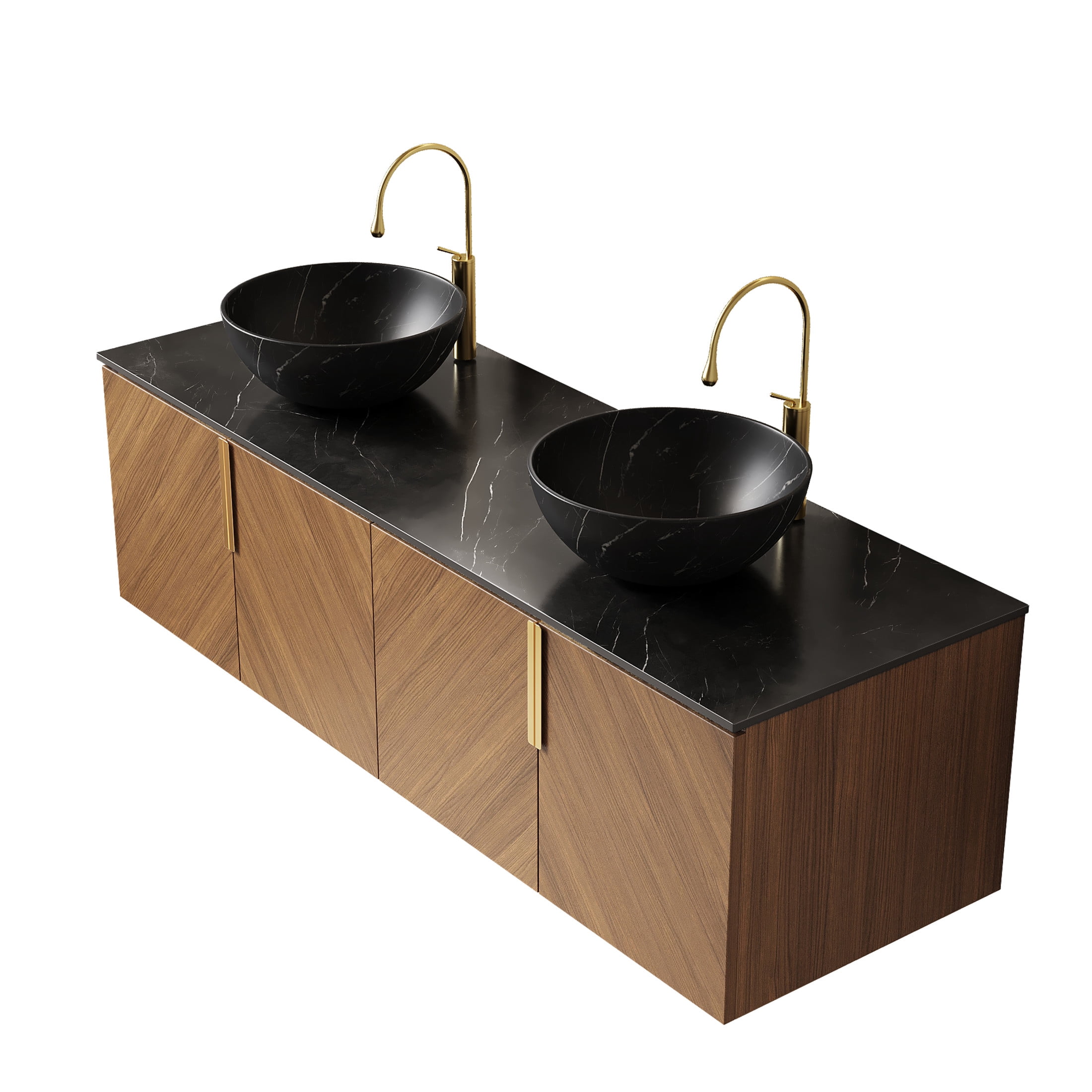 Noble House ARAI 60" Floating Double Bathroom Vanity, Sintered Stone Top Cabinet with Dual Black Bowl Sink, Oak