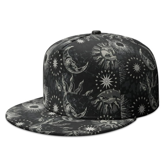 Dark Celestial Moon Star Flat Bill Hat - Unisex Adjustable Snapback for Streetwear & Hip Hop Fashion