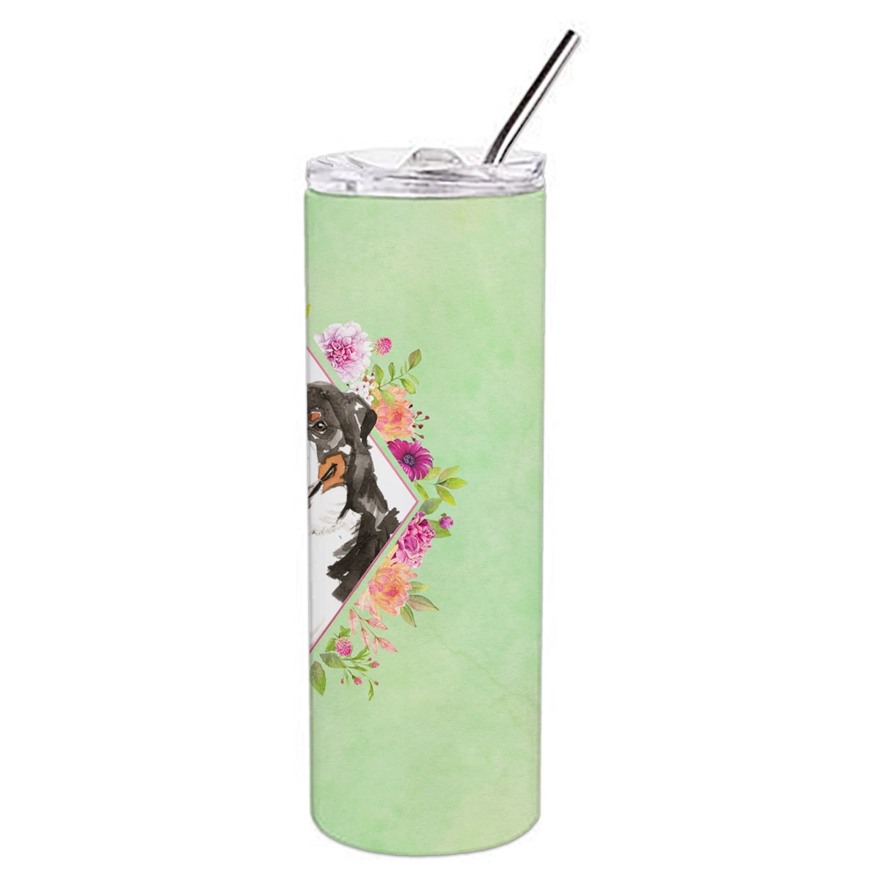 Bernese Mountain Dog Green Flowers Double Walled Stainless Steel 20 oz Skinny Tumbler
