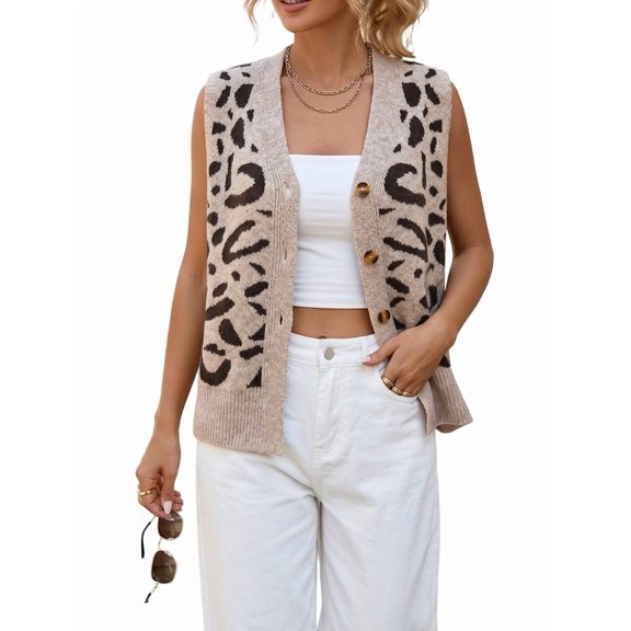 Women'S Leopard Print V-Neck Button Down Knit Vest Cardigan Khaki One size