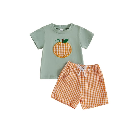 BemeyourBBs Baby Boys Halloween Outfits Pumpkin Pattern T-Shirt Andplaid Shorts