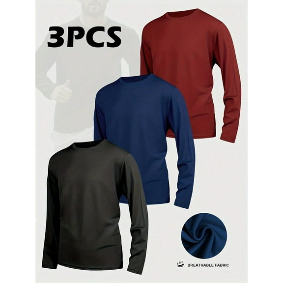 3-Pack Plus-Size Men's Thermal Long Sleeve Shirts – Warm Sports Tops For Fishing, Outdoor Activities, Running & Fitness In Spring & Autumn