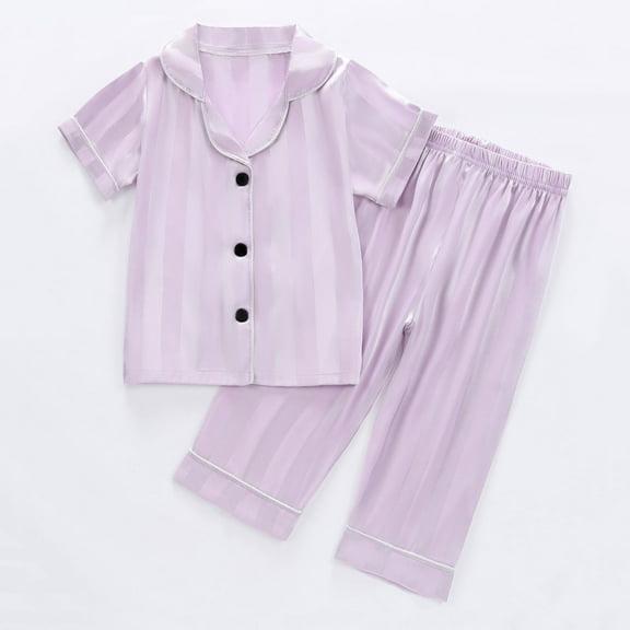 CYRBOKO Girls Pajama Sets, Stretch Elastic Waist Short Sleeve Button Summer Sleepwears Purple Size 7-8 T