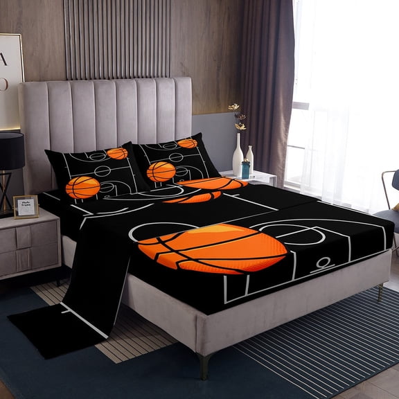 Basketball Sheets Twin Size Sports Bed Sheets Basketball Game Themed Sheet Set Basketball Field Print Fitted Sheet Teen Sports Game Flat Sheet