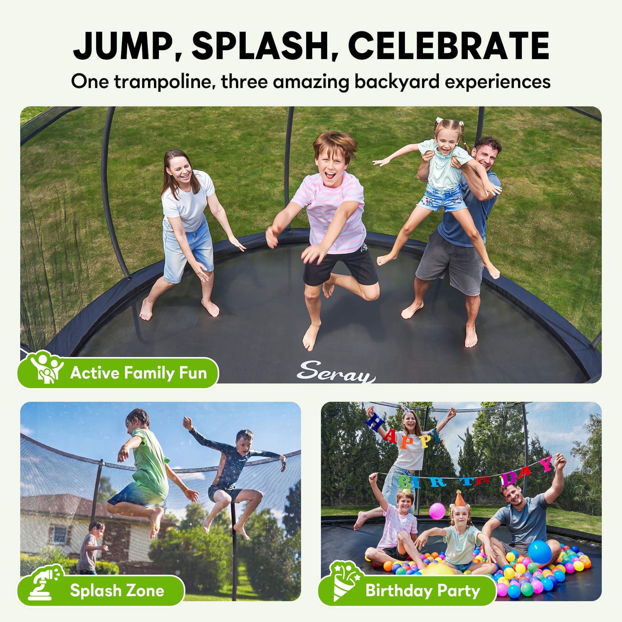 SERAY 10FT, 12FT, 14FT Outdoor Trampoline with Safety Enclosure Net, Ladder and Rust-Resistant Frame, ASTM Certified Backyard Trampoline for Kids and Adults