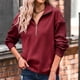 thumbnail image 2 of Blusa con cremallera para mujer, cuello en V, empalme simple, manga larga, hombro caído, sudadera con cremallera para mujer, rojo vino S, 2 of 5