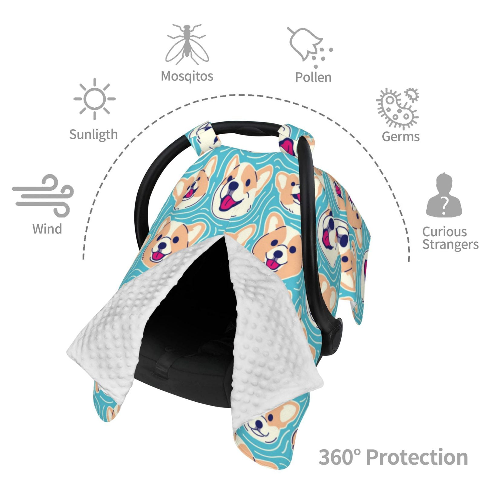Naloa Cute Corgi Head Baby Car Seat Cover, Breathable Baby Carrier Cover, Multiuse Baby Carrier Cover & Nursing Breastfeeding Cover