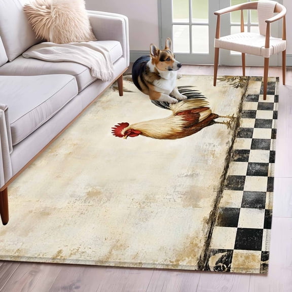 Vintage Rooster Area Rug 4x6 Washable Rug Non Slip Watercolor Pastoral Animals Buffalo Large Area Rug Indoor Floor Carpet for Entryway Bedroom Kitchen Living Room Home Office Dining Room Nursery
