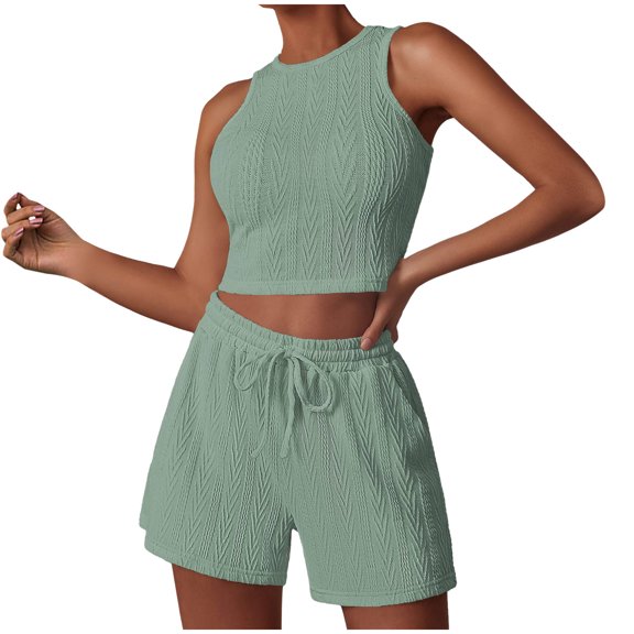 UAMVSH Two Piece Sweater Short Sets for Women Textured Sleeveless Lounge Sets Crewneck Crop Tank Tops Matching Outfits with Pockets