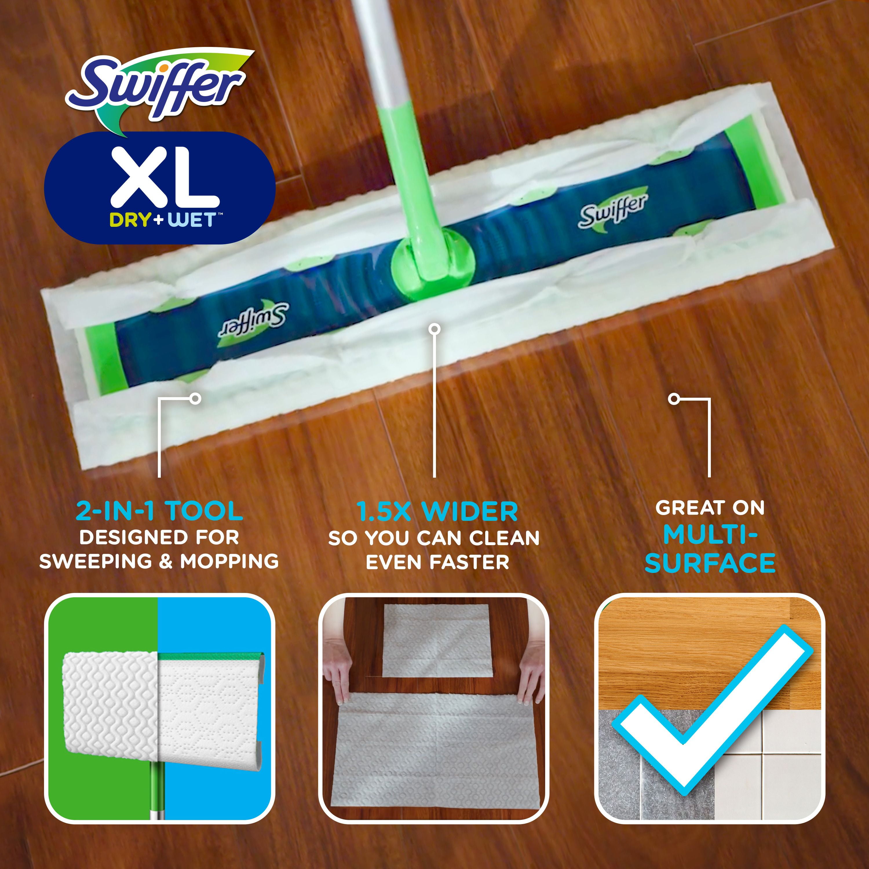 Swiffer Sweeper XL 2-in-1 Dry + Wet Floor Mopping and Sweeping Kit, Multi-Surface Kit for Floor Cleaning, Kit Includes 1 XL Sweeper, 8 XL Dry Sweeping Cloths, 2 XL Wet Mopping Cloths, 1KIT
