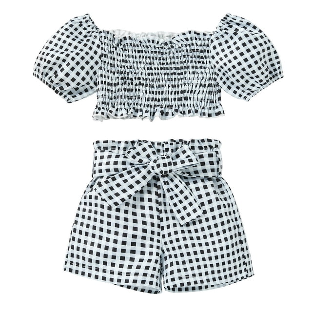 Kids Girls Clothes Sets Off Shoulder Short Sleeve Tops + Short Pants Plaid Printed Outfits Summer