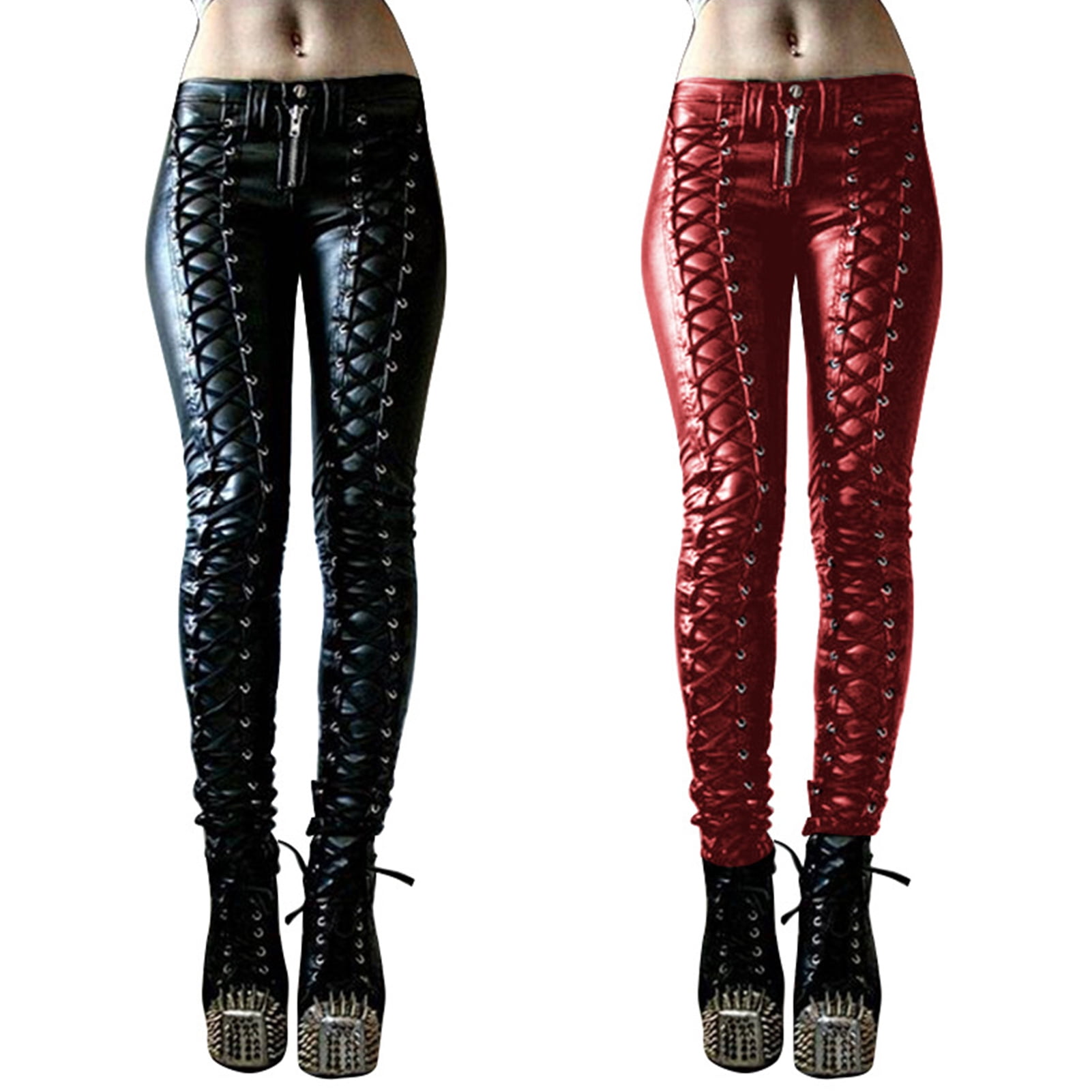 Steampunk Women Faux Leather Cosplay Pants Carnival Party Skinny Button Trousers