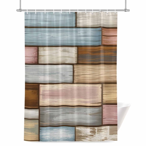 Vintage Wood Grain Shower Curtain, Blue Pink Brown Board Farmhouse Waterproof Shower Curtain Set with 12 Hooks Lightweight Bath Curtains Fabric Bathroom Decor 60x72 Inches