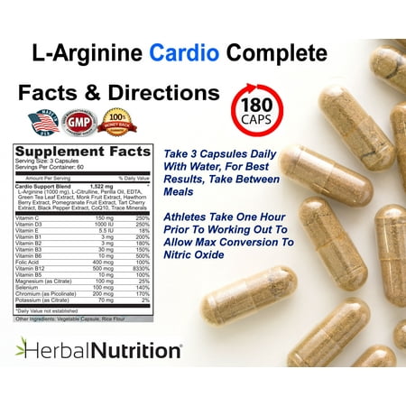 Nitrate Oxide Booster L-Arginine Cardio Complete 1500mg Cardio Support Blend & Nitric Oxide Booster One 180 Count Bottle