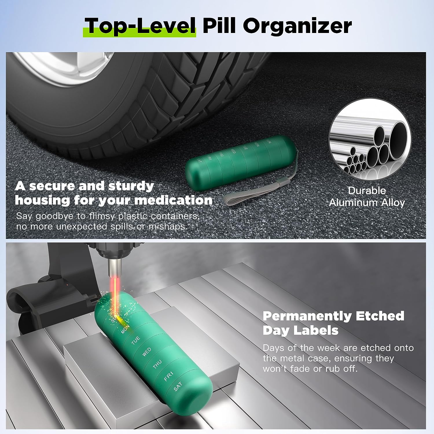 Metal Moisture Proof Weekly Pill Organizer, Stackable Aluminum Alloy BPA Free Travel Hiking 7 Day Pill Box Case Waterproof and Large Compartment to Hold Pills, Vitamins, Fish Oil, Supplements