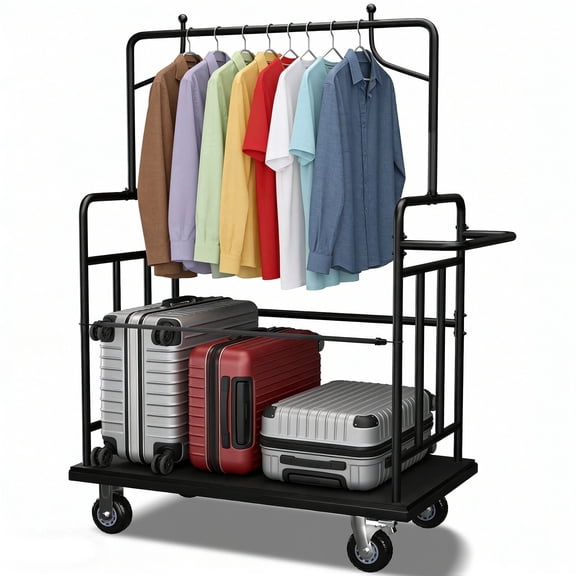 Heavy Duty Hotel Luggage Cart, Bellman Cart with Garment Rack, Non-Slip Platform & 360° Swivel Wheels for Hotels & Commercial Use