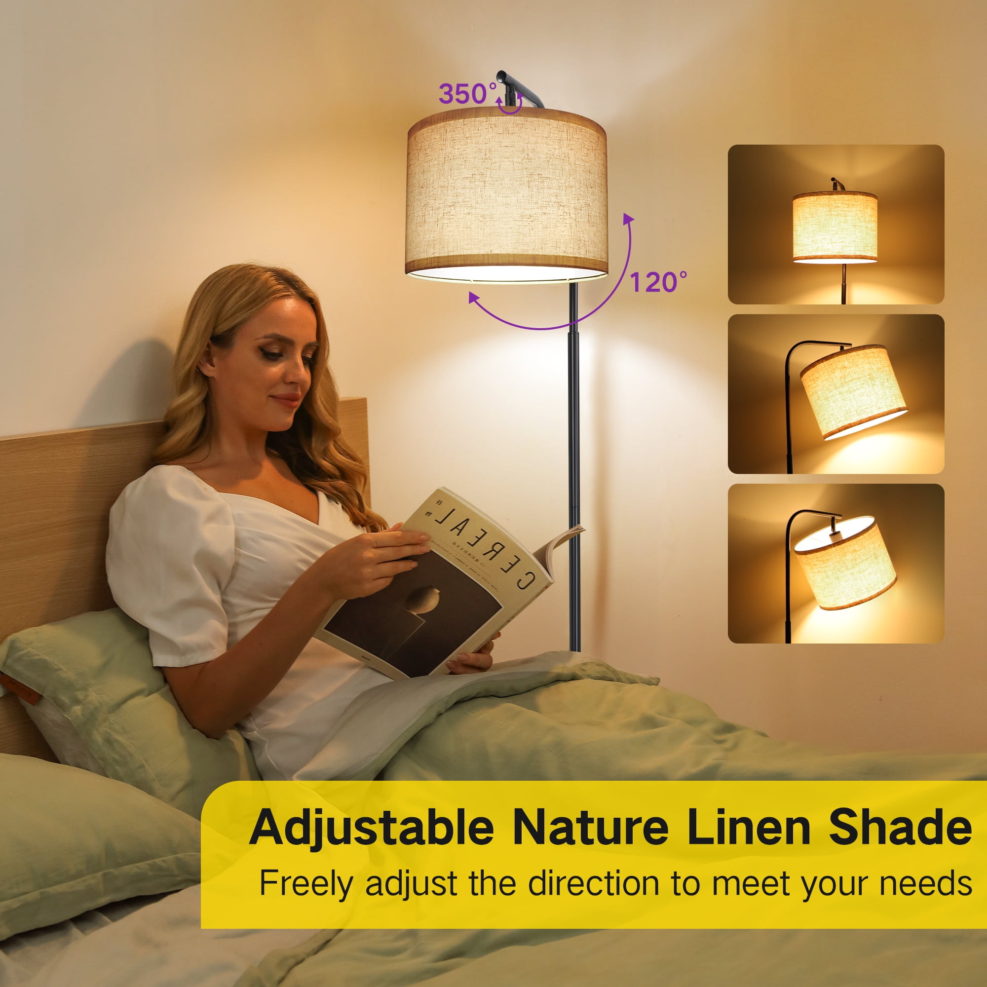 OUTON Floor Lamp with Table, Modern Dimmable Standing Lamp with Shelves, USB Charging Port, AC Outlet, Side End Table with Lamp Attached, Narrow Night OUTON Walnut Floor Lamp with Table, End Table with Lamp for Living Room  with USB \u0026 Type C Charging Port, Dimmable Lamps for Nightstand Attached for
