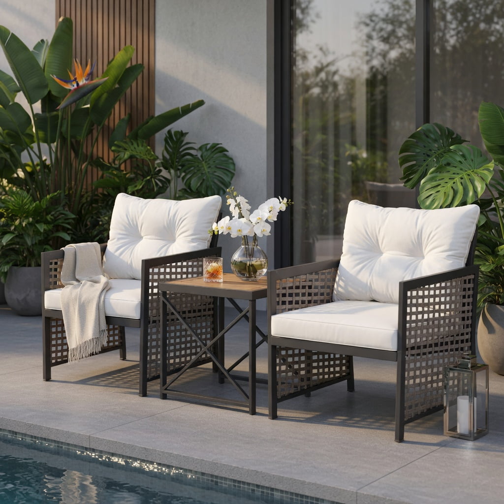 Hommoo 3-Piece Outdoor Rattan Patio Furniture Set, 2 Armchairs + Coffee Table with Acacia Wood Top, Brown PE Rattan & Black Metal Frame, White