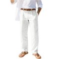 thumbnail image 5 of Mens Linen Cotton Casual Pants, Lightweight Straight Leg Lounge Pants with Button Waist & Side Pockets, Loose Fit Summer Beach Yoga Trousers for Men, Comfortable Relaxed Fit Trousers White XL, 5 of 10