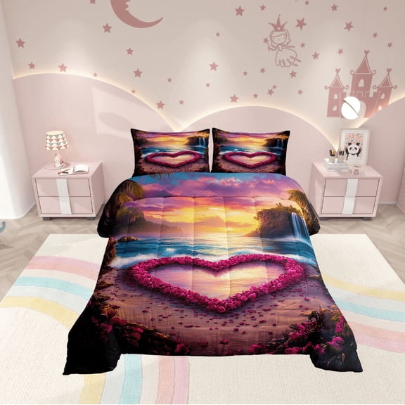 Erosebridal Rose Heart Bedding Sets Twin with Comforter, Ocean Beach Duvet Insert, Romantic Anniversary Reversible Comforters & Duvets, Lightweight Bedroom Decoration, 2pcs