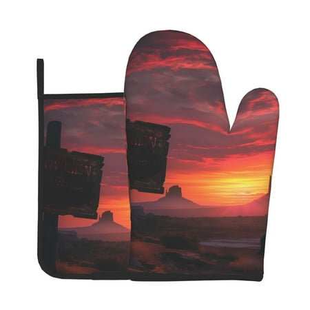 

KLL Sunset Western Desert Cowboy Pattern Oven Mitts and Pot Holders 2pcs Sets for Kitchen Oven Mitt Heat Resistant 536°F Oven Gloves for Kitchen Cooking and Baking