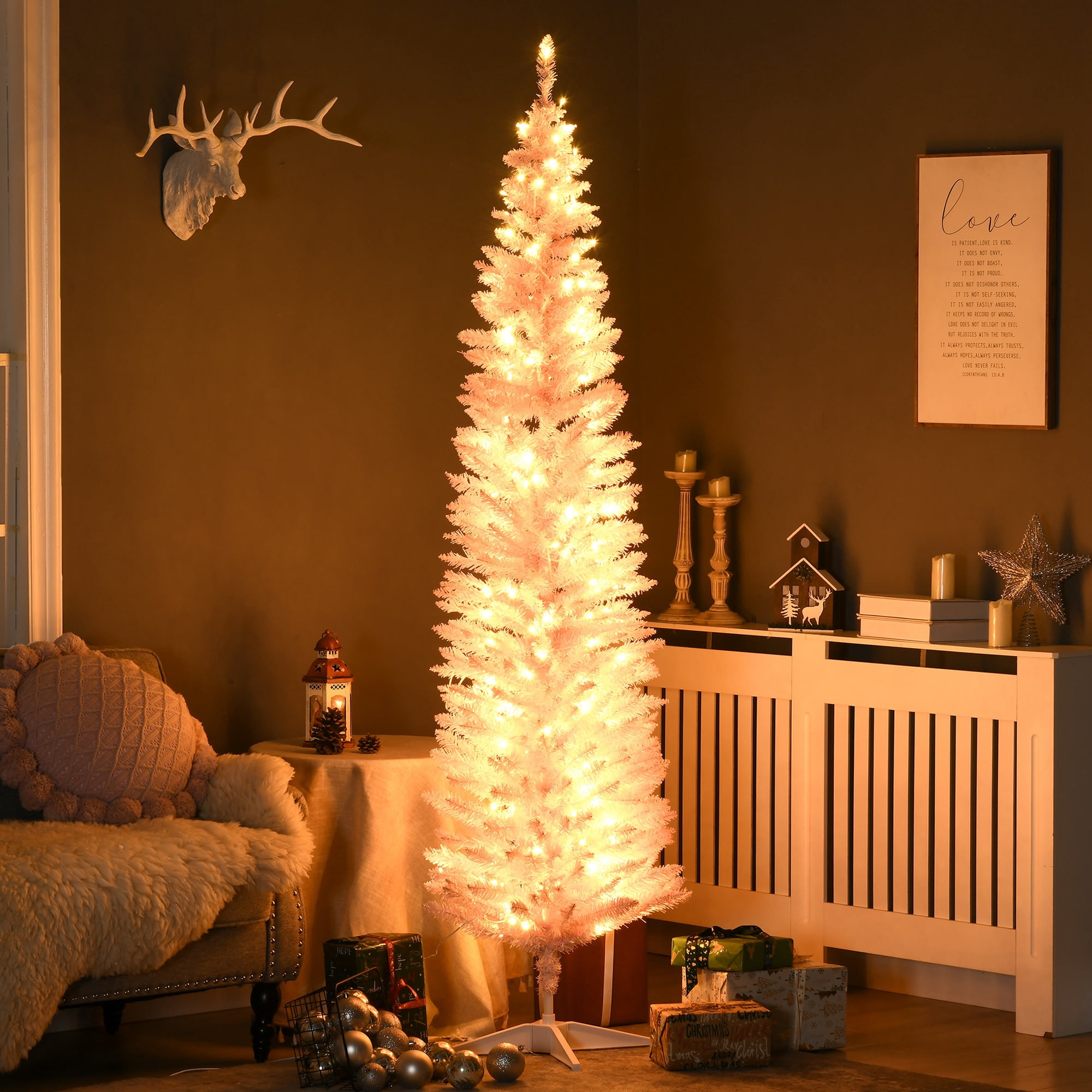 6ft Prelit Pink Pencil Christmas Tree 499 Tips 200 Warm White LED Lights Flame Retardant Indoor Holiday Decor