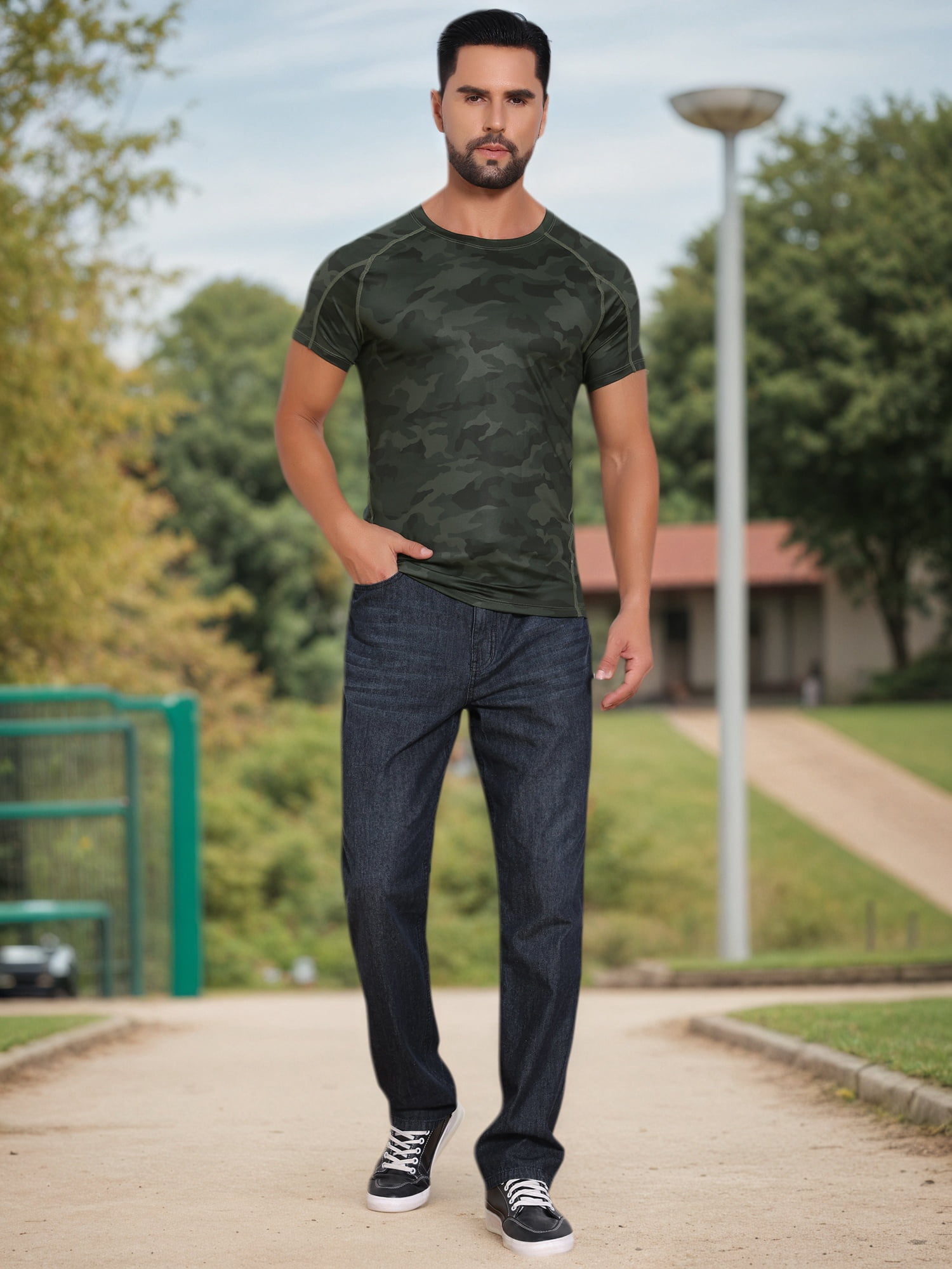 DARING DIVA Men's Workout Stretch Crew Neck Short Sleeve T-Shirt L Dark Green
