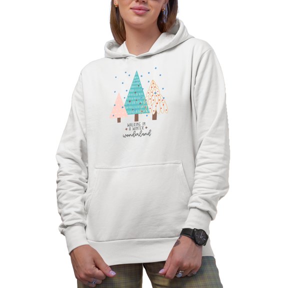Walking in a Winter Wonderland with Trees & Snow Art, Christmas Season Merch Gift, White Hooded Sweatshirt or Hoodie, Small