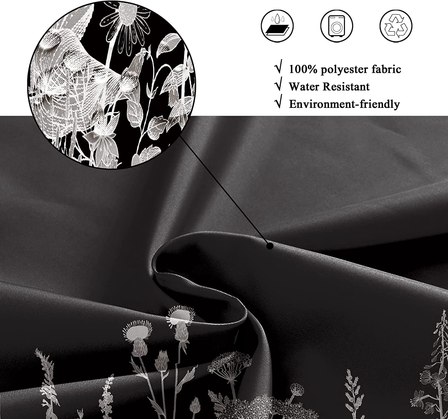 Wild Floral Wildflower Shower Curtain Botanical Herbs Black Plant Nature Blossom Flower Leaf Sketch Waterproof Fabric 72Wx72H Inch Polyester Bathroom Bathtub Decoration 12 Pack Plastic Hooks