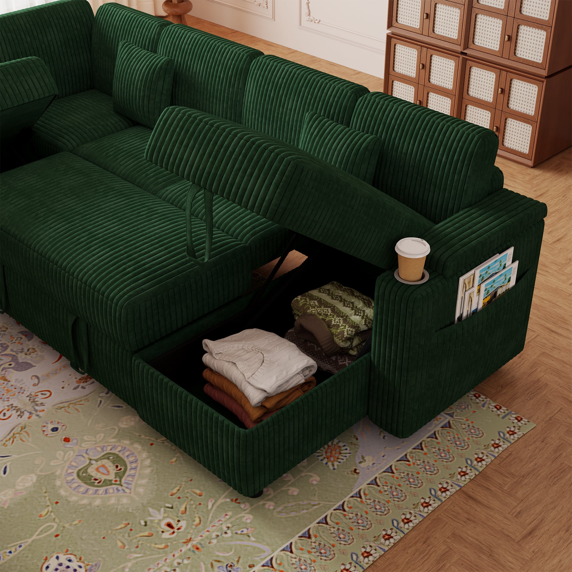 100"W L-Shaped Pull-Out Sofa Bed with USB Ports,Table Board,Cup Holder & Storage,7-Seat Corduroy Modular Sectional Sofa,Convertible Sleeper,Green
