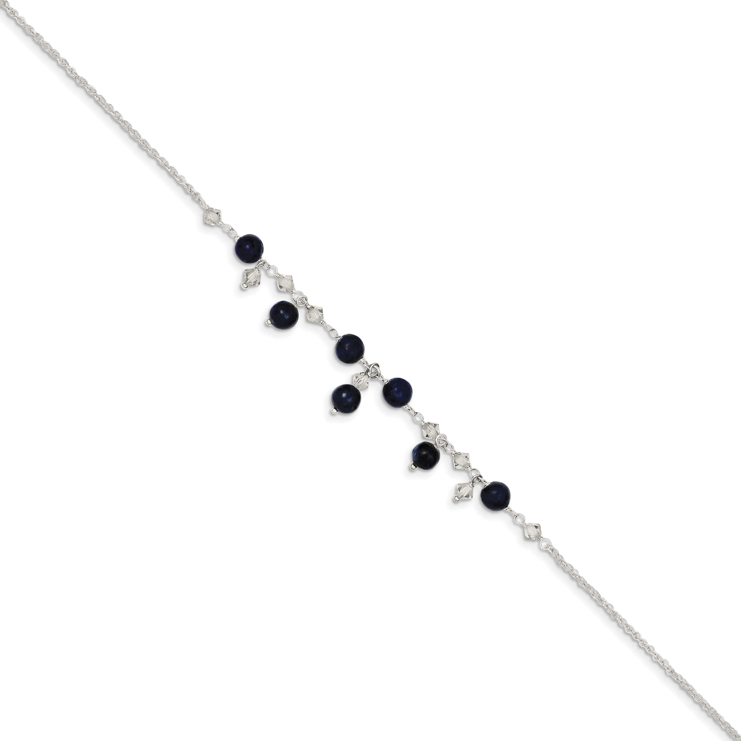 Sterling Silver 9 Inch Shadow Crystal & Lapis Anklet Made In Thailand qg1396-9