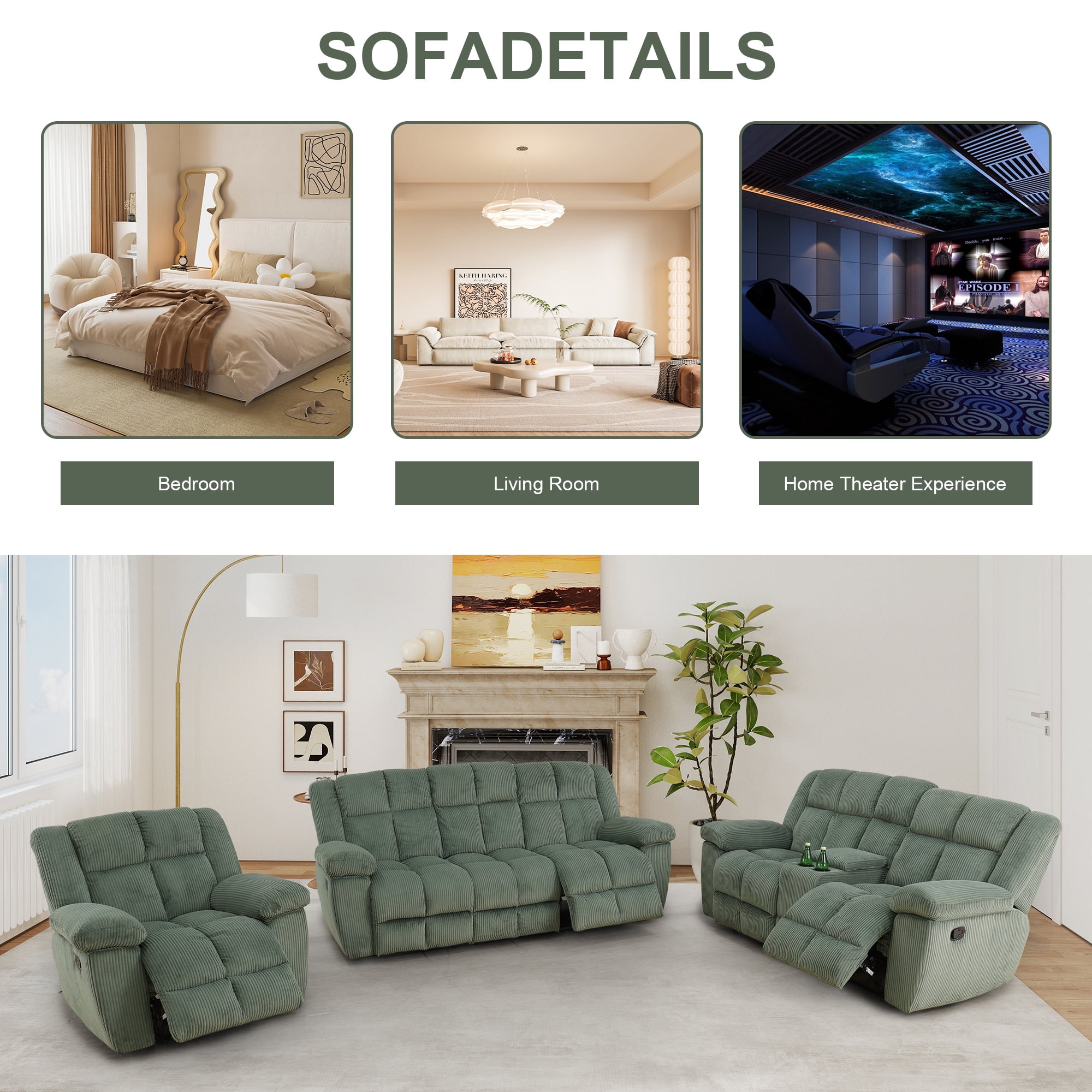 Aukfa 3-Piece Recliner Sofa Set, Oversized Armchair+Loveseat +3 Seat Sofa, 2 Cup Holders&Storage Console, Corduroy, Green