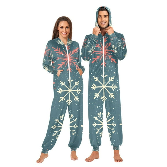 Cute Christmas Snowflakes Adult Onesie Pajamas Slim Fit Christmas One Piece Suit Pjs for Women and Men Hooded Zipper