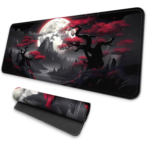 Large Gaming Mouse Pad, Full Keyboard Mat, Long Laptop Mousepad, Computer Mouse Mat for Home and Office, Anti-Slip Rubber Base, 31.5 x 11.8 Inches (Dark Red Moon)
