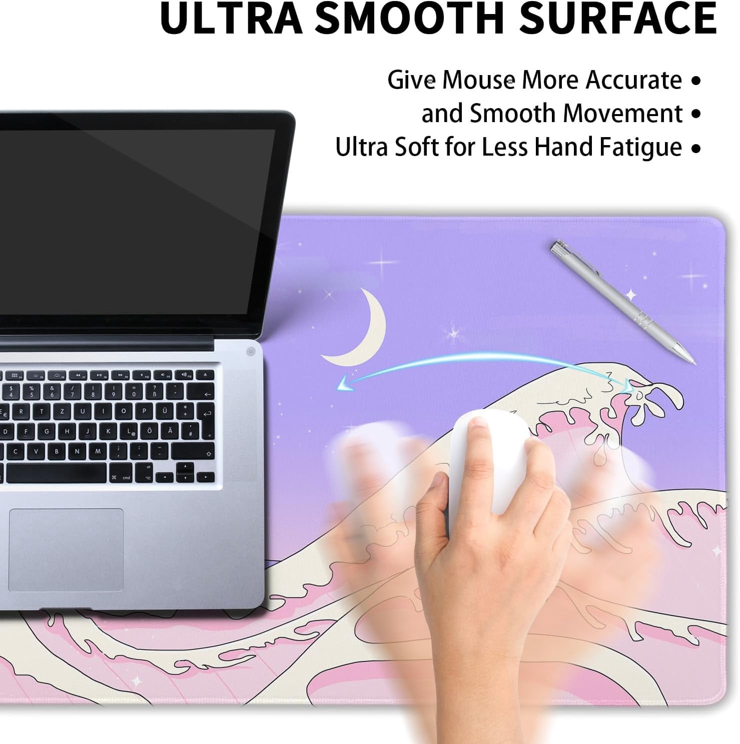 Pink Purple Japanese Anime Gaming Mouse Pad XL Cute Kawaii Aesthetic Sea Wave Extended Large Desk Mat Non-Slip Rubber Base Stitched Edge Long Keyboard Mousepad for PC Computer Laptop,31.5×11.8 in