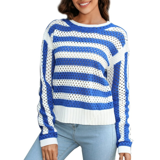 Gibobby Sueteres Para Mujeres Calientitos Suéter de mujer de talla grande con cuello redondo y manga larga a de corte hueco(Azul,G)