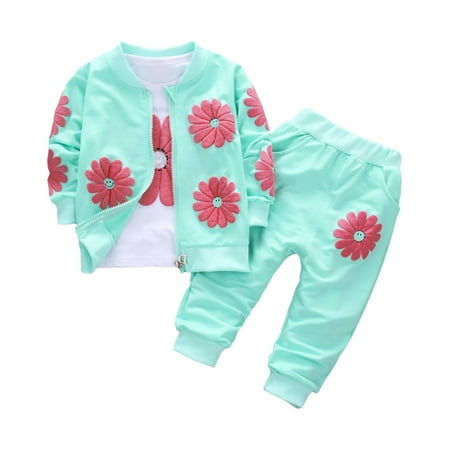 

Generic Long Sleeve Flower Printed T-Shirt Top Pant Zipper Coat Set for Toddler Girls Three Pieces Breathable Comfortable Autumn Winter Clothes for Indoor Outdoor（120/XXL Green）