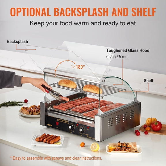 Stainless Steel Hot Dog Grill with 11 Rollers, 1650W, Holds 30 Dogs, Dual Temp Control, Bun Warmer Shelf & Acrylic Cover, ETL